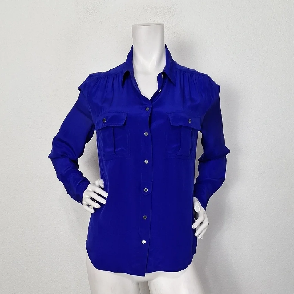 J. Crew Blue Silk Preppy Careerwear Chest Pockets Button Front Blouse Size 6